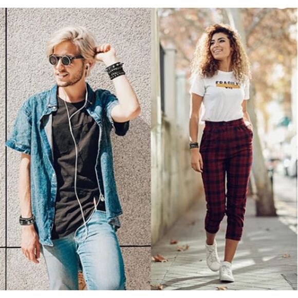 Set of 3 Black Faux Leather Stainless Steel Spikes Chains Bracelets Men Women - Picture 2 of 6